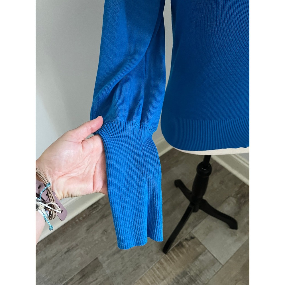 Cobalt Blue Puff Sleeve Sweater Small Crew Neck Minimalist Office Chic Preppy - Picture 3 of 7